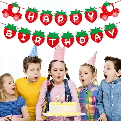 Miniatura 7 de Decoraciones de fiesta de primer cumpleaños con bayas de fresa, 12 piezas de pancarta de feliz bebé, guirnalda de serpentinas de primera flores