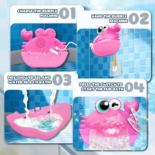 Miniatura 5 de Juguetes de baño para niños de 1 a 3 años, juguetes de baño iluminados para bebés, creador de burbujas de cangrejo con luz colorida, regalos de Rosa
