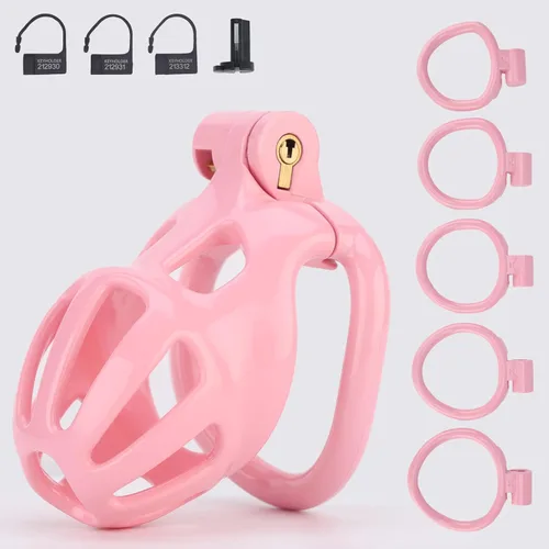 Miniatura 8 de Jaula de castidad masculina, dispositivo de castidad grande con anillos de 5 tamaños y bloqueo invisible para el pene, equipo de bondage