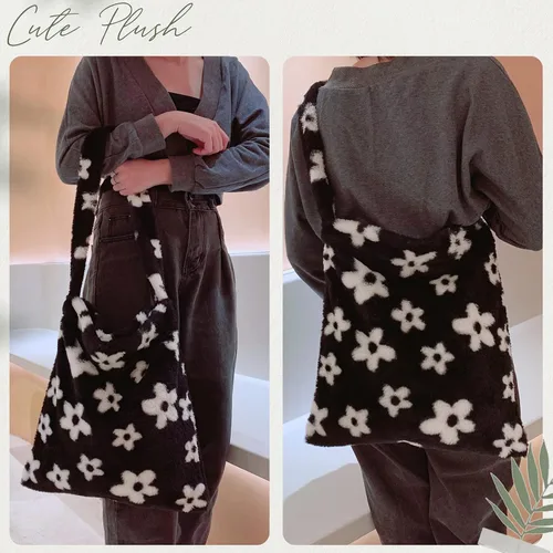 Miniatura 9 de Bolso de mano peludo y esponjoso, bolso grande y mullido, lindo bolso de felpa con cremallera para mujeres y niñas, bolso de hombro de piel