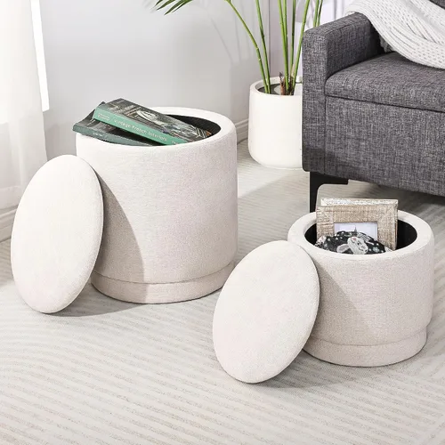 Miniatura 3 de Homebeez Juego de 2 otomanas redondas de almacenamiento, taburete tapizado de felpilla con tapa extraíble para sala de estar y dormitorio, asiento