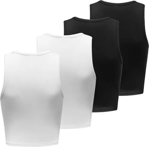 Miniatura 3 de Formeet17 4 piezas de camiseta corta básica sin mangas para mujer, cuello redondo