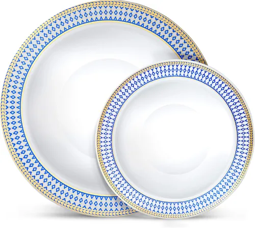 Miniatura 9 de Laura Stein Juego de vajilla de diseñador 32 cuencos de plástico desechables para fiestas, cuenco de boda blanco con borde azul y detalles de oro