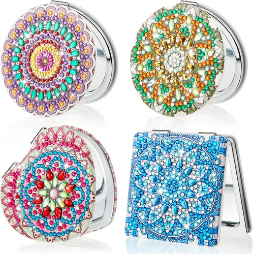 Miniatura 7 de Marsui 4 piezas de espejo compacto de pintura de diamante, bolsillo de pintura portátil, plegable, para mujeres, arte de diamante, regalos de mamá