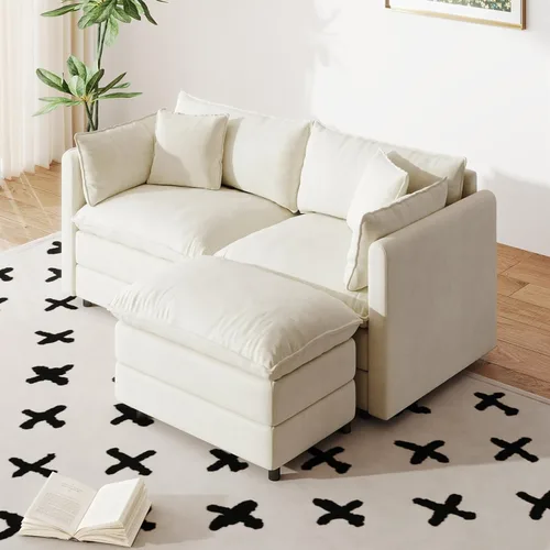 Miniatura 52 de Setawix Sofá Profundo de 3 Plazas con Otomana, Sofás de Nube en Forma de L de 112.2" para Sala de Estar, Sofá de Nube de Chenilla con Asiento Café