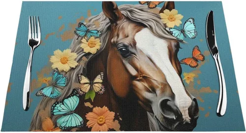 Miniatura 7 de 6 PCS PVC Placemats Set Place Mats A Horse with Flowers and Butterflies Non-Slip Weave Place Mats 12" x 18" Farmhouse Durable Table Mat Set for
