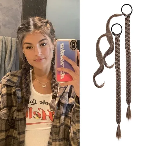 Miniatura 9 de YOGFIT 2 piezas Extensión de cola de caballo trenzada DIY, extensión de cola de caballo larga y lacia con envoltura natural, cabello sintético suave