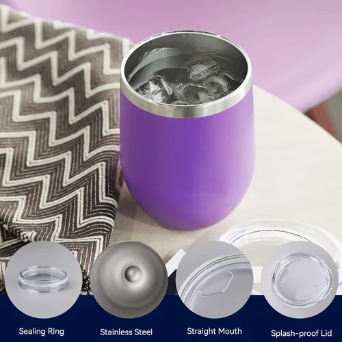 Miniatura 3 de DOMICARE - Vaso de vino de 12 onzas con tapa, hecho de acero inoxidable con aislamiento al vacío de doble pared, paquete de 1 unidad, color morado
