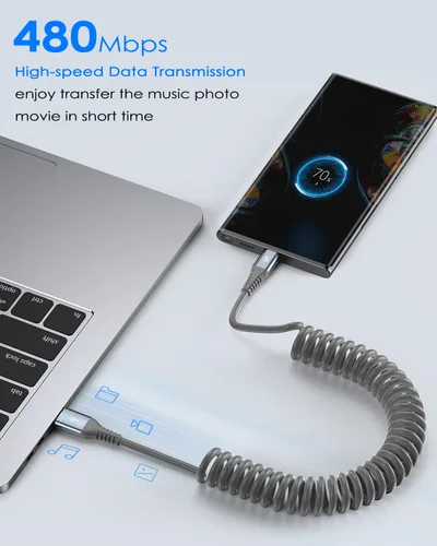 Miniatura 3 de Cable USB C en espiral de 3.3 pies, cable USB A a USB C para automóvil, cable de carga rápida para iPhone 17 16 15 Pro Max Plus Samsung Galaxy S26