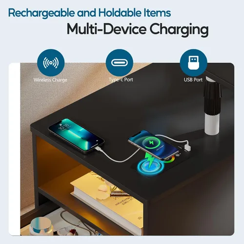 Miniatura 9 de WOOVIVS - Mesita de noche con estación de carga, mesa auxiliar con luces LED, mesa auxiliar inteligente con mesa giratoria ajustable/cajón
