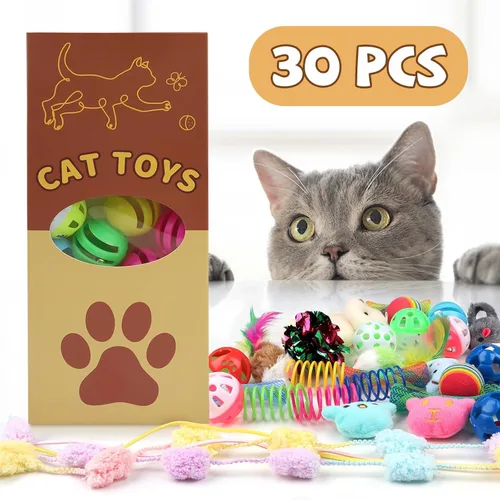 Miniatura 7 de QUOZUO Juego de 30 Piezas de Juguetes para Gatos, Juego de Juguetes para Gatitos, Juguete Interactivo para Gatos con Varilla, Muelles y Bola