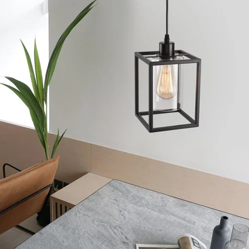 Miniatura 6 de Luces colgantes negras para isla de cocina, lámpara colgante de farol industrial con pantalla de vidrio transparente, iluminación colgante de altura