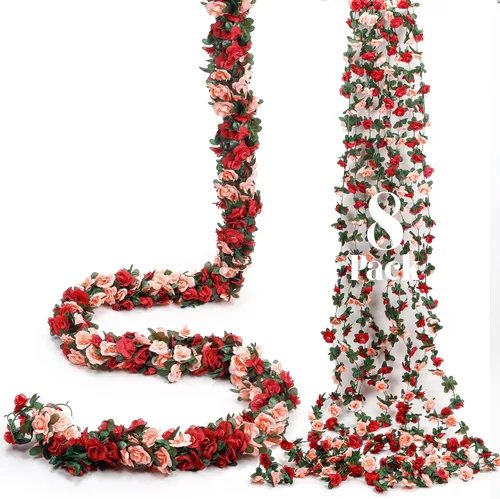 Miracliy 8 guirnaldas de flores rojas de 66 pies, rosas artificiales de color naranja, guirnalda de flores falsas de primavera para telón de fondo