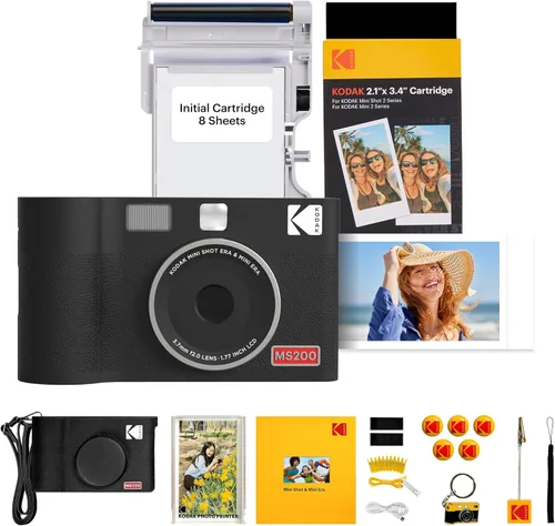 KODAK Mini Shot 2 ERA 4PASS - Cámara instantánea 2 en 1 e impresora fotográfica (negro, cámara + 8 hojas iniciales + 60 hojas + accesorios)