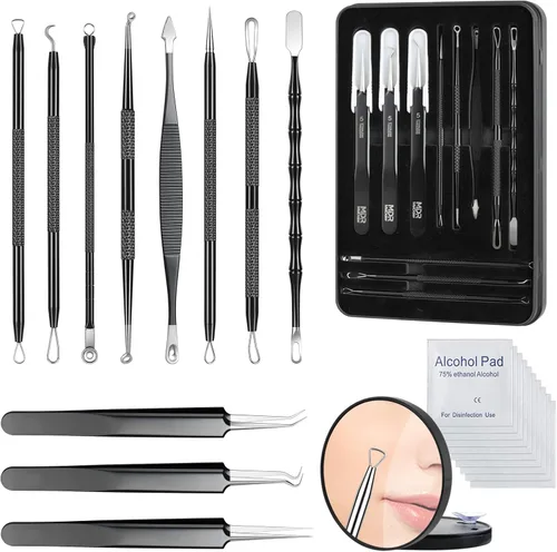 Miniatura 12 de Kit de eliminación de puntos negros, extractor de comedona de acné de acero inoxidable con lupa 10X y 20 almohadillas de alcohol al 75%, eliminación