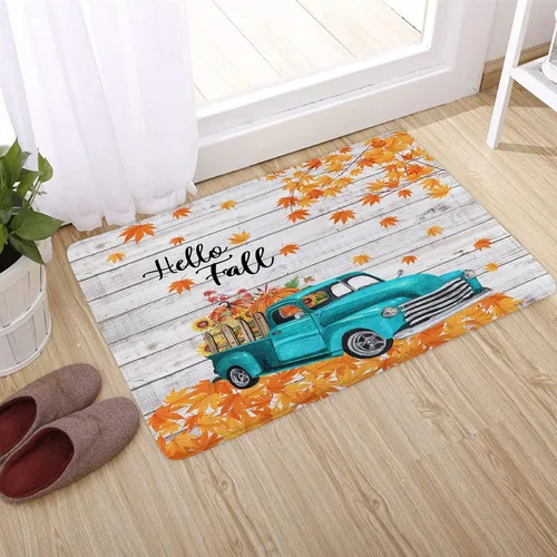 Miniatura 5 de Alfombra de baño con diseño de girasol amarillo otoñal y calabaza naranja sobre camión azul vintage, tapete de baño con texto en inglés "Hello