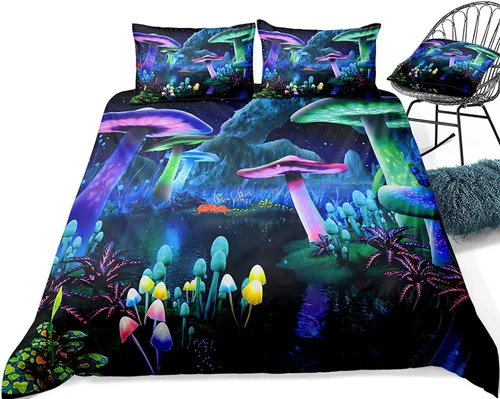 Miniatura 2 de Juego de funda de edredón psicodélico de fantasía con diseño de hongos psicodélicos, galaxia, verde cielo, morado, diseño de hongos estrellados, #1