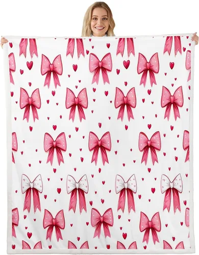 Miniatura 14 de Manta de franela de forro polar con lazos rosados femeninos de 40 x 50 pulgadas, manta mullida de corazones para el día de San Valentín para sofá