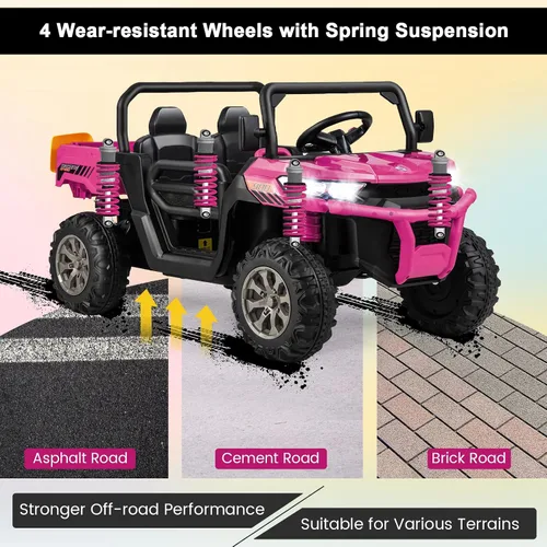Miniatura 6 de Costzon Camión volquete con control remoto, UTV eléctrico de 12 V para niños con cama volquete eléctrica, función de balanceo, pala, 4 suspensiones