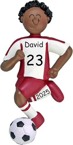 Miniatura 14 de Adorno de Navidad personalizado de fútbol, uniforme blanco y negro, niña, cabello rubio, bola de regate, resina pintada a mano, 4.5 pulgadas