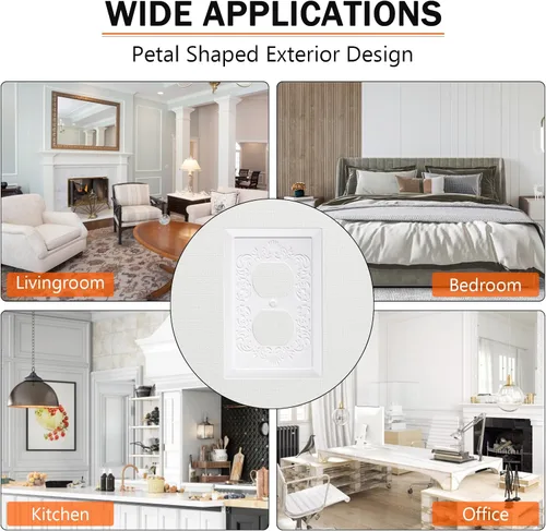 Miniatura 6 de Cubiertas de enchufe decorativas modernas de estilo clásico con diseño en relieve de pétalo, blanco, placa de pared para receptáculo eléctrico