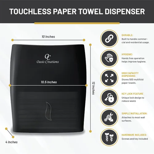 Miniatura 4 de Oasis Creations - Dispensador de toallas de papel sin contacto para montaje en pared, capacidad para 500 toallas de papel multipliegues, color negro