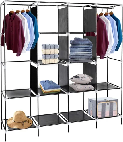 Miniatura 5 de Armario portátil para armario, organizador de almacenamiento con estantes y cubierta para colgar ropa, tela no tejida, fácil montaje (negro-4)