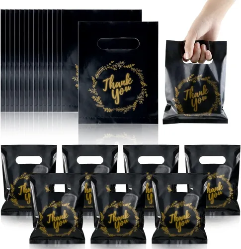 BadenBach 200 bolsas pequeñas de agradecimiento, 8 x 6 pulgadas, bolsas de compras de plástico negro a granel, bonitas bolsas de regalo de