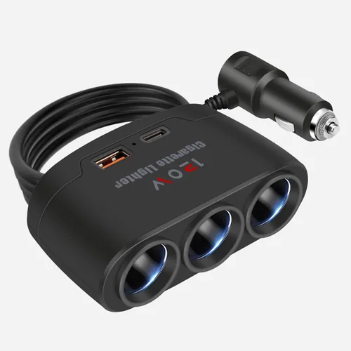 Divisor de encendedor de cigarrillos 5 en 1, adaptador de cargador de coche de 3 enchufes + carga tipo C PD15W + puertos de carga USB, enchufe para