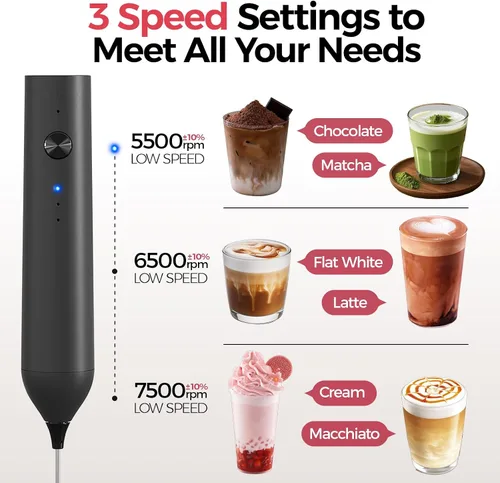 Miniatura 6 de YARRAMATE Varita espumadora de leche eléctrica con batidor y soporte de acero inoxidable, mezclador de café recargable rápido con 3 velocidades