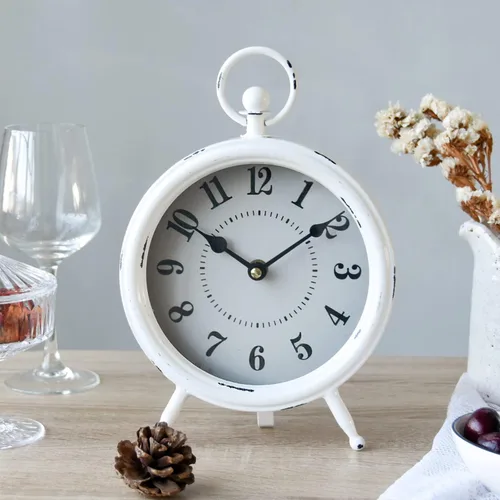 EMAX HOME Reloj de mesa blanco rústico vintage en soporte, escritorio decorativo y reloj de estante, mantel rústico de granja sin tictac