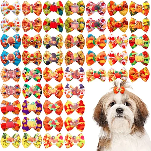 Miniatura 9 de 50 unidades (25 pares) lazos para el pelo de perros pequeños, patrón aleatorio con diamantes de imitación, lazo para el pelo para cachorros, gatos
