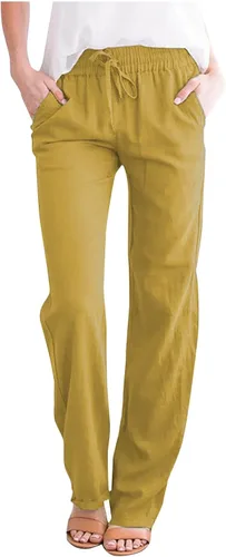 Pantalones de lino para mujer, de cintura alta, con cordón, pantalones rectos de talla grande, pantalones deportivos casuales de color sólido