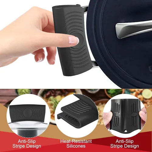 Miniatura 6 de Paquete de 4 soportes de silicona para mango de sartén caliente y soportes para ollas, resistentes al calor, protectores de agarradera de hierro