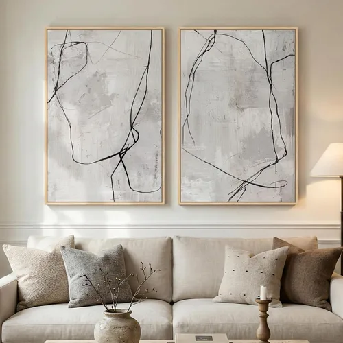 Juego de 2 arte abstracto de pared de línea neutra enmarcada grande para sala de estar, arte minimalista y moderno en lienzo negro para paredes,