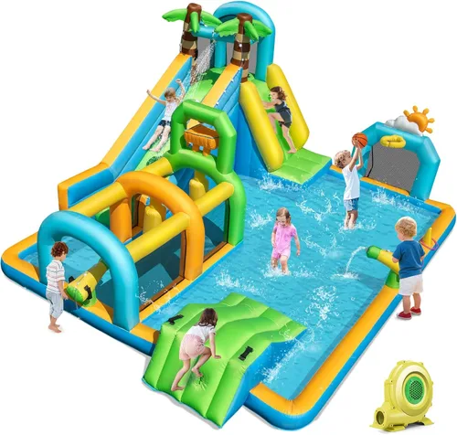 Miniatura 10 de BOUNTECH Parque inflable de tobogán acuático, castillo hinchable de tobogán acuático 9 en 1 con piscina grande, carrera de obstáculos, tobogán