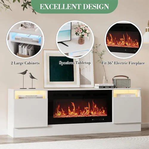 Miniatura 3 de Soporte de TV moderno para TV de hasta 75 pulgadas, armarios de mesa de consola de televisión blancos de 70 pulgadas con almacenamiento y luces LED
