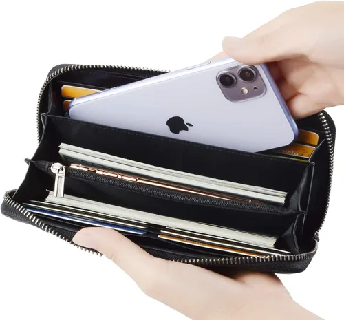 Miniatura 38 de VISOUL Cartera larga de cuero con cremallera para hombres y mujeres con bloqueo RFID, cartera larga de embrague grande con cremallera, Negro