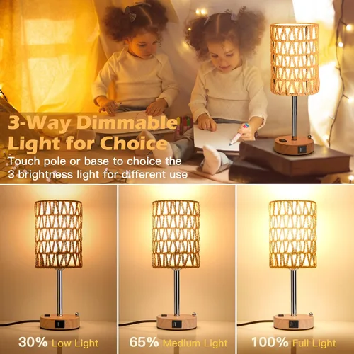 Miniatura 2 de Lámparas de mesa de ratán para sala de estar, lámparas táctiles regulables de 3 vías, lámparas de noche pequeñas con bombillas LED, soporte