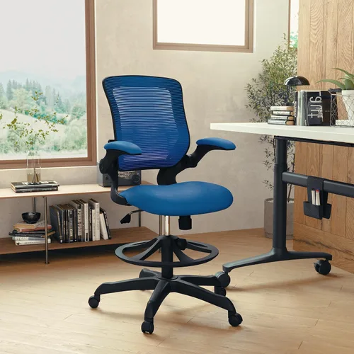Miniatura 2 de Flash Furniture Kale Silla de dibujo ergonómica de malla azul con respaldo medio Anillo de pie ajustable, brazos abatibles