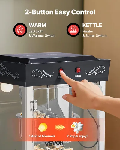 Miniatura 5 de VEVOR Máquina de palomitas de maíz, hervidor de acero inoxidable de 8 onzas, máquina comercial de palomitas de maíz de 800 W, 48 tazas por lote Negro