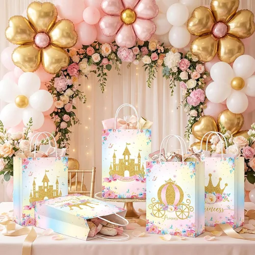 Miniatura 2 de Sepamoon 24 bolsas de recuerdos de fiesta con temática de princesa príncipe, corona, castillo, con asas, incluye 3 estilos de bolsas de dulces