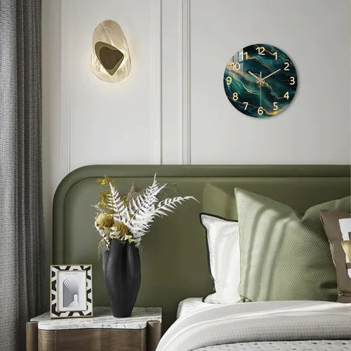 Miniatura 3 de Reloj de pared verde azulado para sala de estar de 12 pulgadas, reloj de pared de mármol a pilas, cuarzo redondo, dorado, silencioso, sin tictac