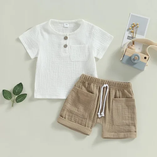 Miniatura 9 de fhutpw Conjunto de 2 piezas de ropa de verano para bebés, camiseta de manga corta, cintura elástica, pantalones cortos para niños pequeños