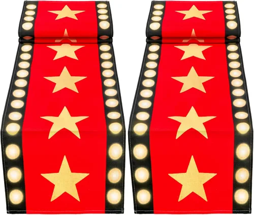 Miniatura 6 de Camino de mesa de noche de cine de 13 x 72 pulgadas con diseño de estrella dorada, decoración de alfombra negra para suministros de fiesta