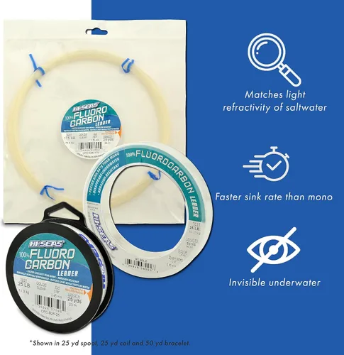 Miniatura 2 de HI-SEAS Líder de línea de pesca 100% fluorocarbono, líder invisible transparente, indetectable para peces, hundimiento rápido, 6 libras a 400 libras