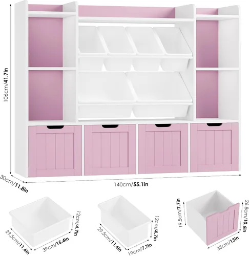 Miniatura 7 de FINETONES Organizador de almacenamiento de juguetes de 55.1 pulgadas con 6 cubos de juguetes, organizador grande de juguetes, estantería para niños