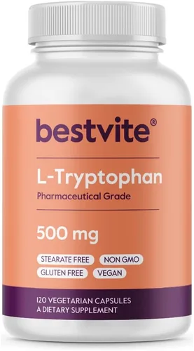 BESTVITE L-triptófano 500 mg por cápsula (120 cápsulas vegetarianas) - Sin estearatos - Sin sílice - Sin gelatina - Vegano - Sin gluten - Sin OMG