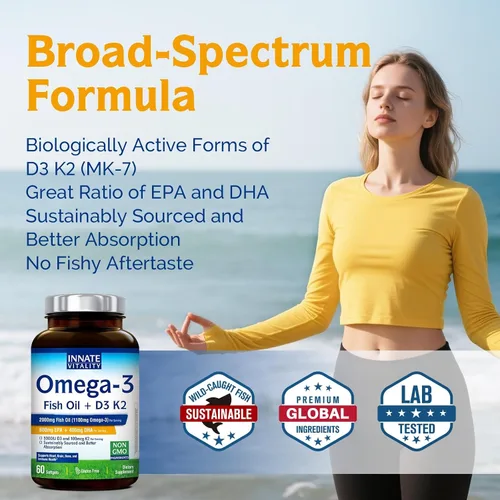Miniatura 5 de Innate Vitality Suplemento de aceite de pescado Omega 3, 2000 mg de aceite de pescado por porción, EPA 600 mg + DHA 400 mg con vitaminas D3 K2