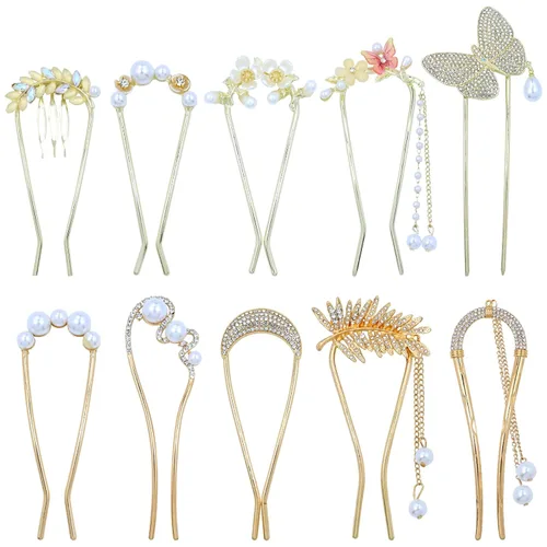 Lawie Paquete de 10 horquillas de metal dorado en forma de U, con forma de mariposa, palillos curvados para palos de pelo con colgantes, horquillas